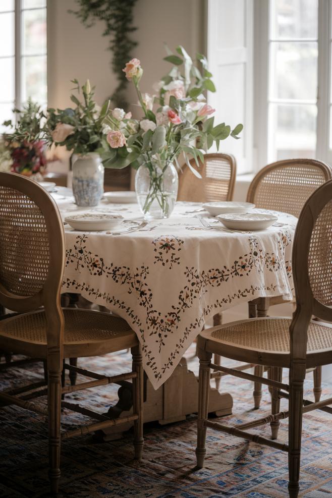 Elaborately embroidered tablecloths give the shared meal a personal touch.