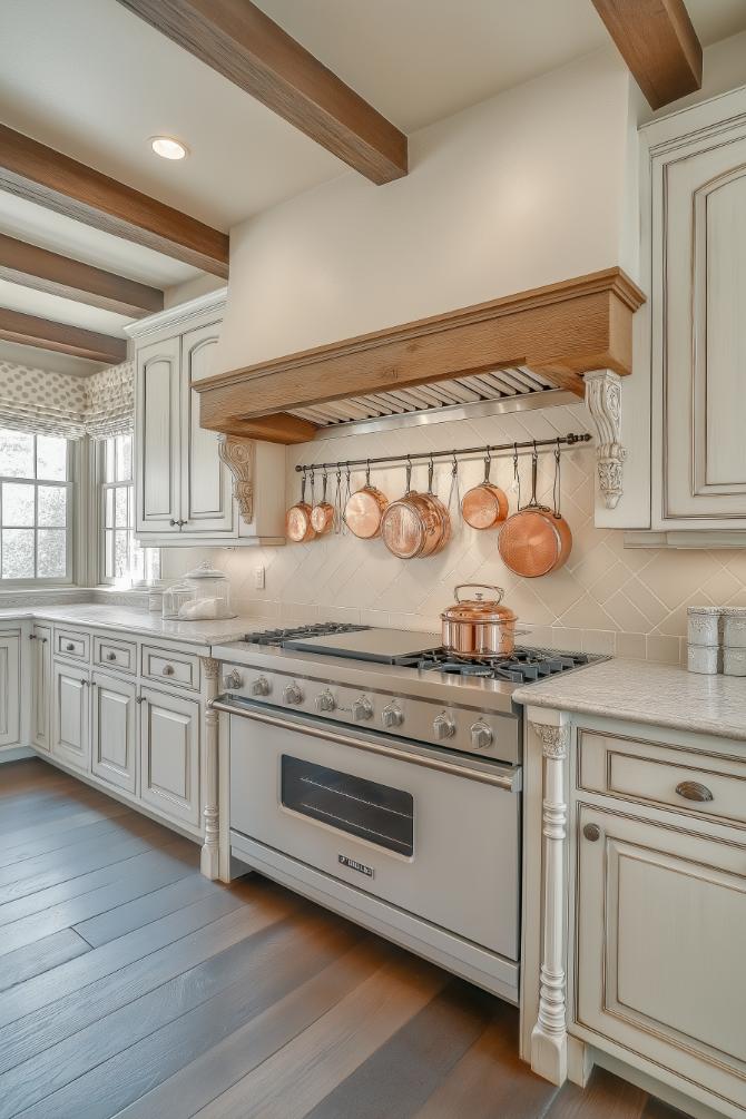 Shiny copper cookware serves as both a functional tool and beautiful decor.