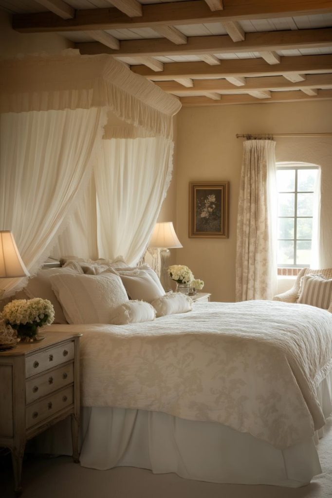 Dreamy canopy beds with sheer curtains create a calm and romantic bedroom atmosphere.