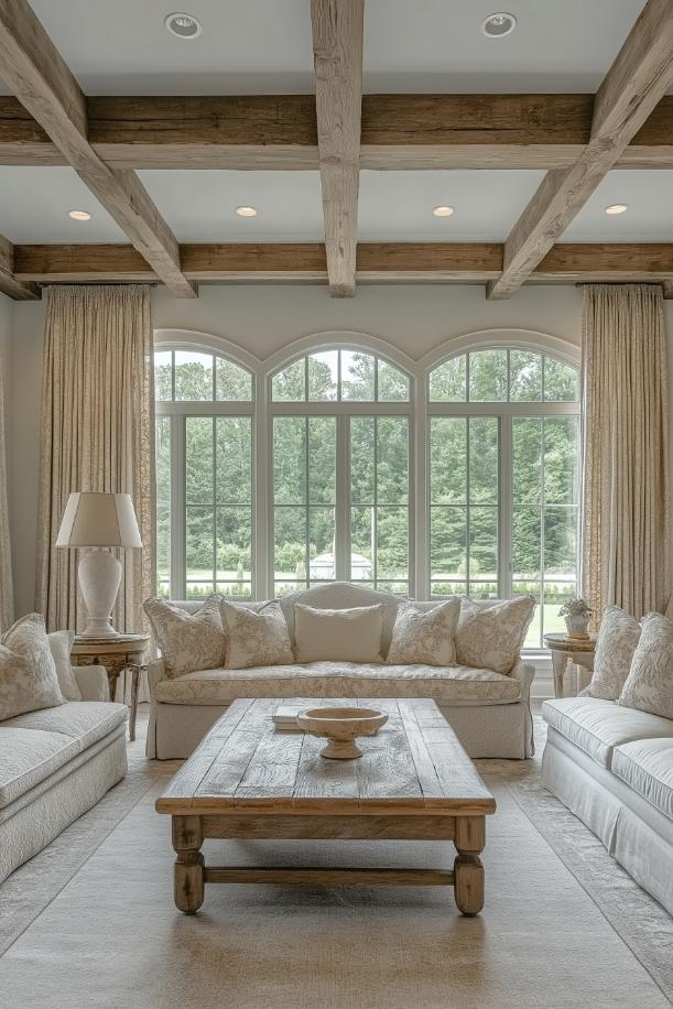 Rustic coffee tables made of reclaimed wood invite conversations and add historical charm to the living room.