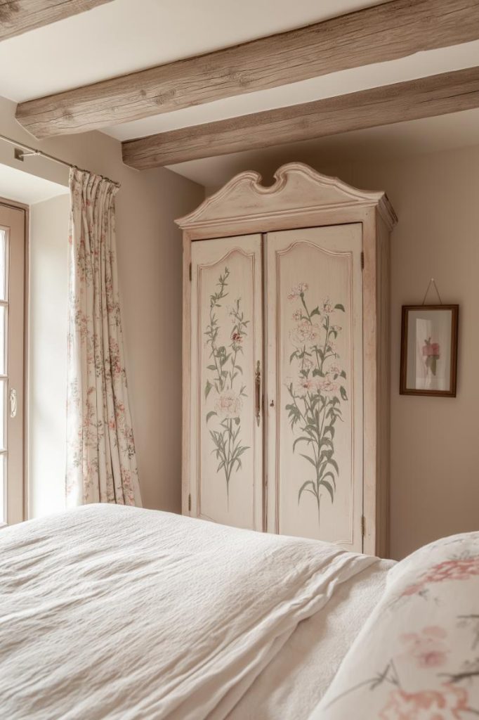 In the bedroom, a closet with hand-painted floral patterns stands out, combining storage space with a decorative element.