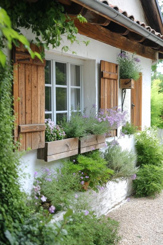 Lush herb gardens in flower boxes bring greenery and fresh ingredients into the home.
