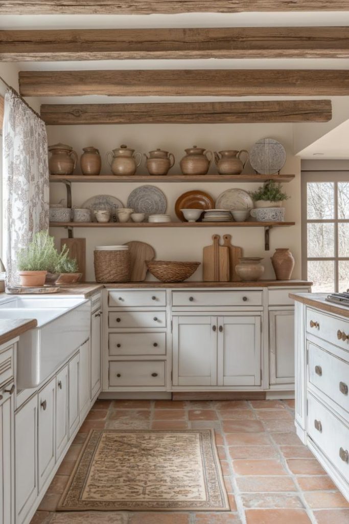 Handcrafted clay jugs and decorative plates stand out in the kitchen and their earthy tones harmonize with natural materials.