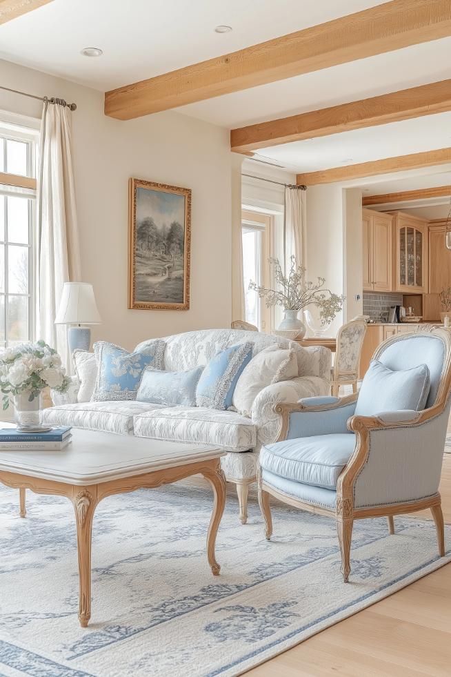 Blue French Provincial chairs enhance the living room furnishings with comfort and refined craftsmanship.