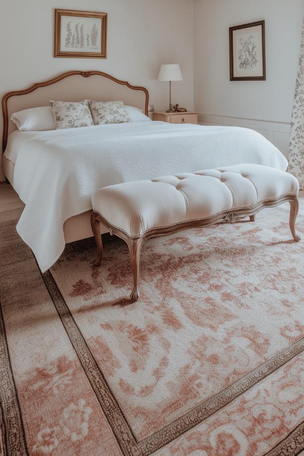 Luxurious velvet benches provide inviting seating and reflect the elegance of French country house style.