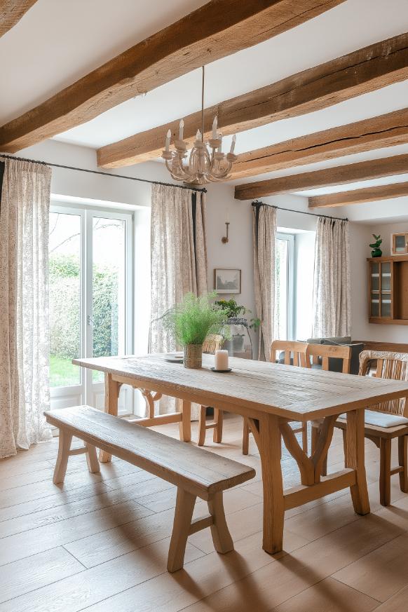 Long tables and sturdy benches create a communal dining experience, perfect for gatherings.