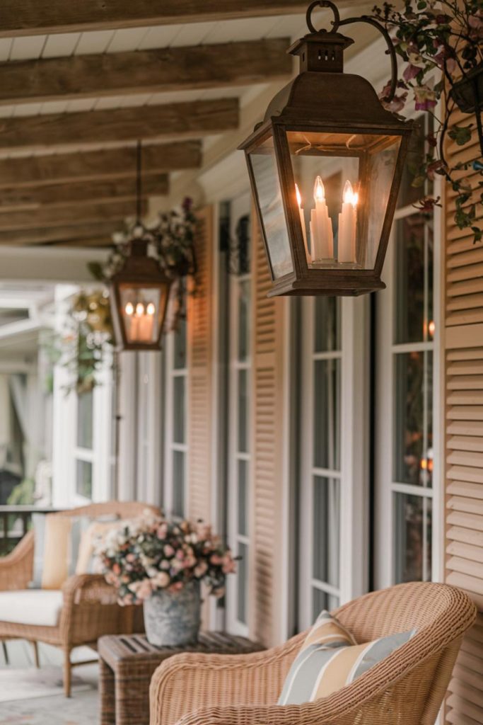 Lanterns provide a warm glow on the porch and enhance the welcoming atmosphere of the home.
