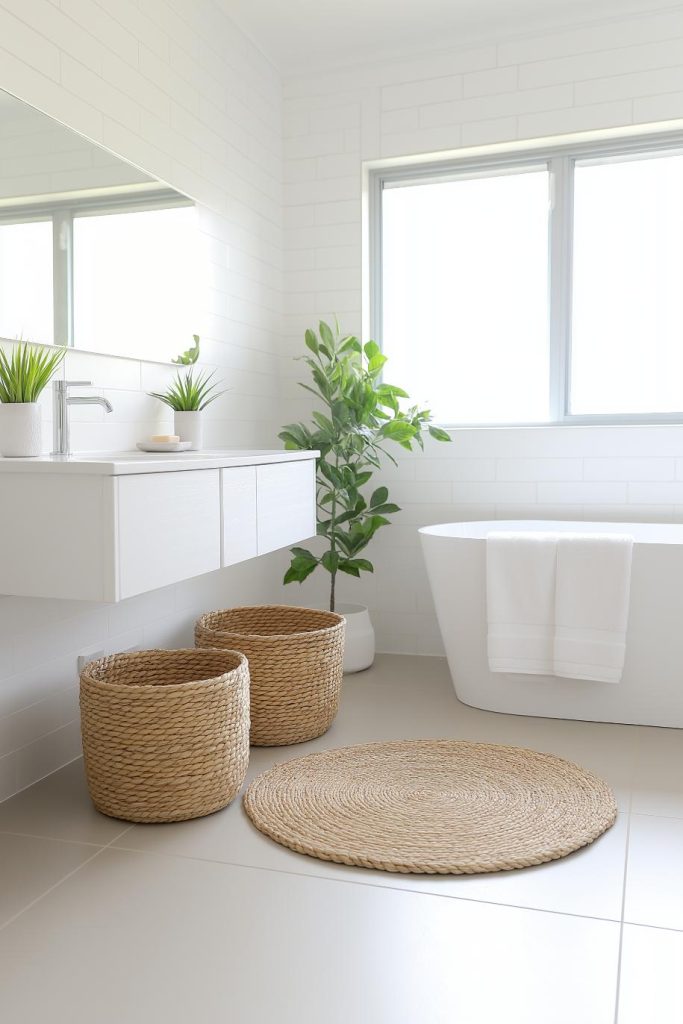 A minimalist bathroom with a white bathtub, a sink, round woven baskets, a round rug and a potted plant. A large window provides natural light.
