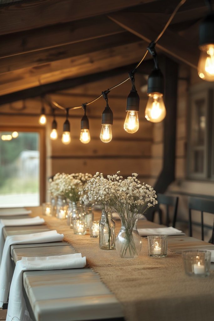 A rustic table with white flowers in jars, candles and hanging fairy lights under a wooden ceiling.