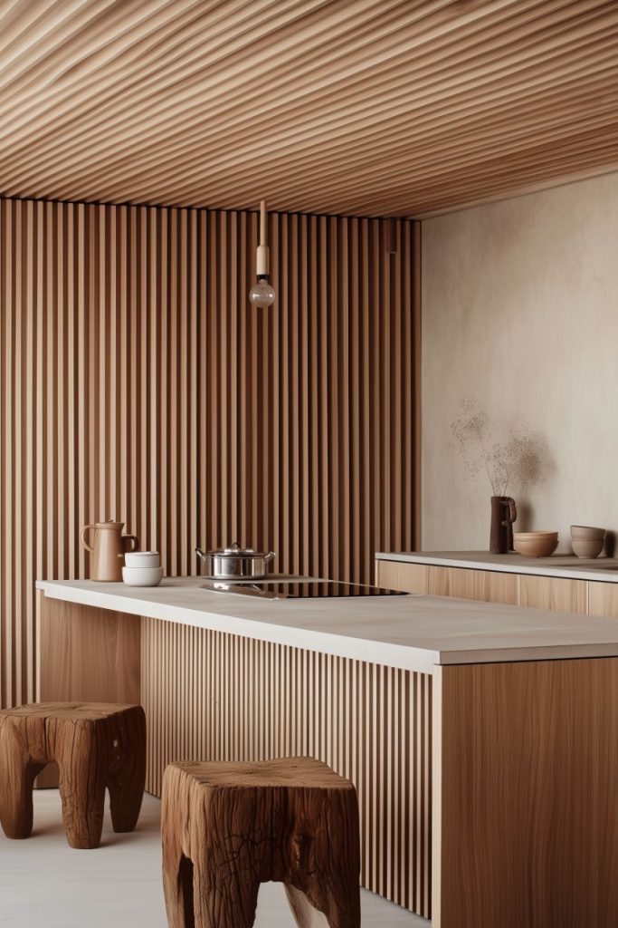 Modern kitchen with vertical wooden slatted walls, light countertop, two wooden stools, cookware and ceramics on the surfaces. A single light bulb hangs from the ceiling.