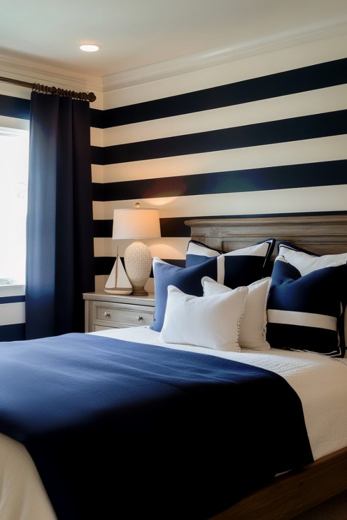 Bedroom with dark blue and white striped walls, a bed with matching linens, a wooden bedside table, a table lamp and a small sailboat decoration.