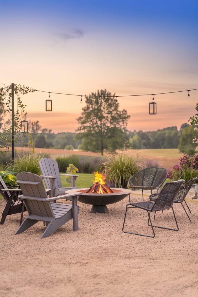 Patio set with Adirondack chairs and a fire pit under string lights at sunset, surrounded by grass and a tree in the background.