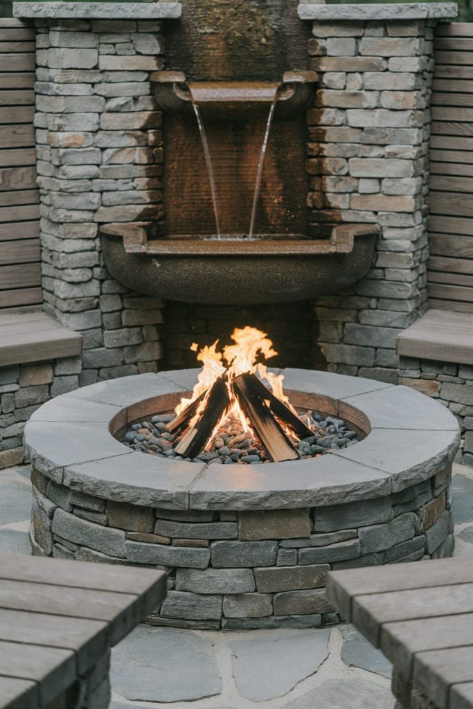In the center is a stone fireplace with burning logs surrounded by stone benches. Behind the pit there is a stone fountain with running water.