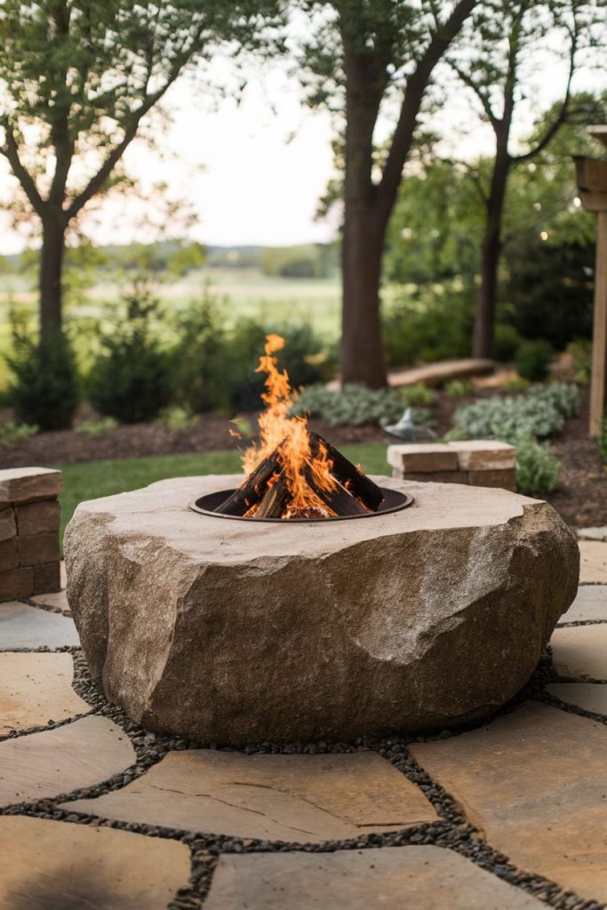 Stone fire pit with burning fire surrounded by a patio and trees in the background.