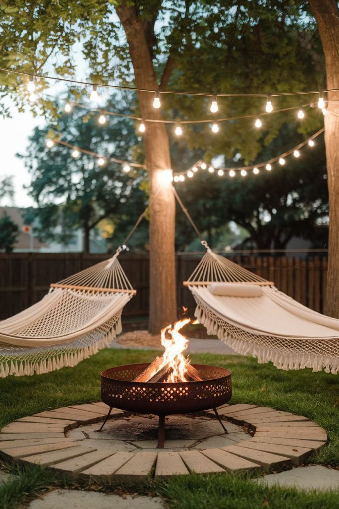 Two hammocks hang between trees with fairy lights over a burning fire pit in a backyard.