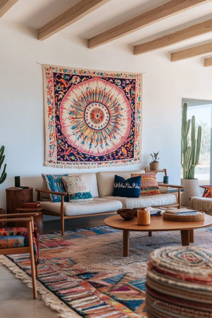 A living room with a decorative tapestry, a beige sofa with colorful pillows, a round wooden coffee table and potted cacti. The room is cozy and versatilely furnished.