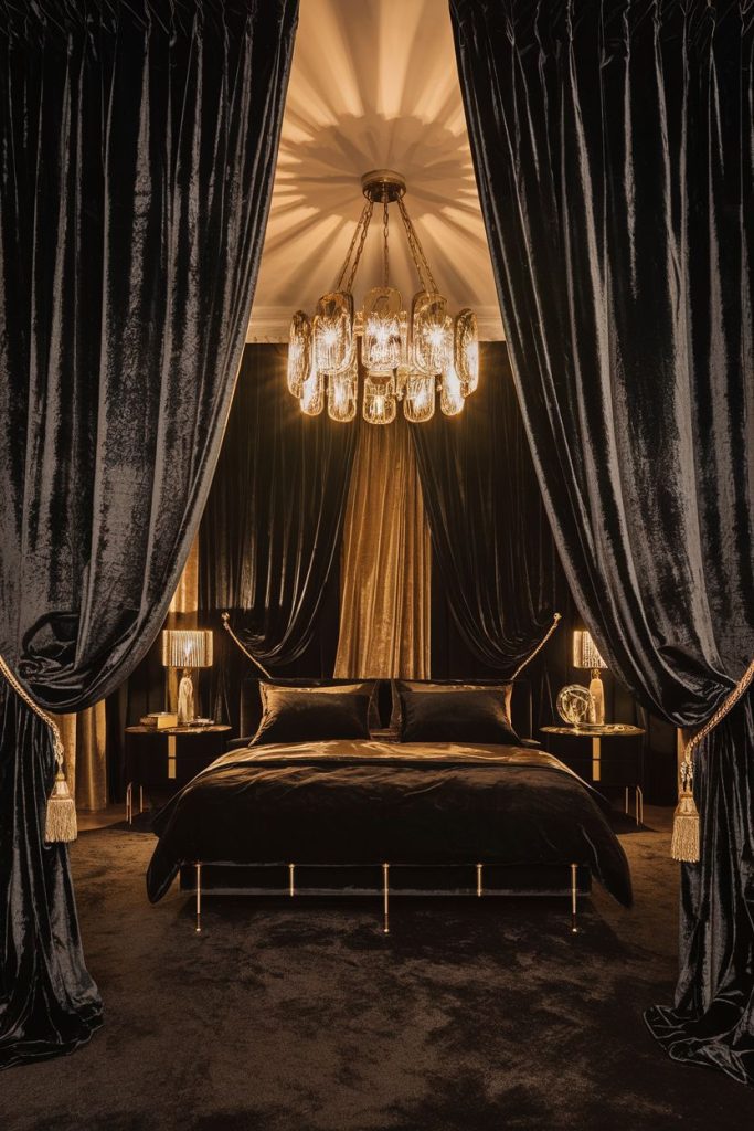Luxurious bedroom with black velvet bed, draped curtains and lit by a large ornate chandelier. Two bedside tables, each with a lamp, add to the opulent atmosphere.
