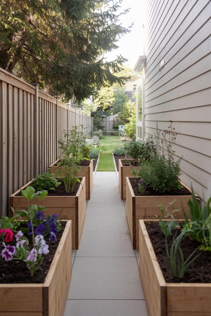 Narrow side garden with raised wooden planters on either side filled with various plants and flowers leading to a green lawn area.