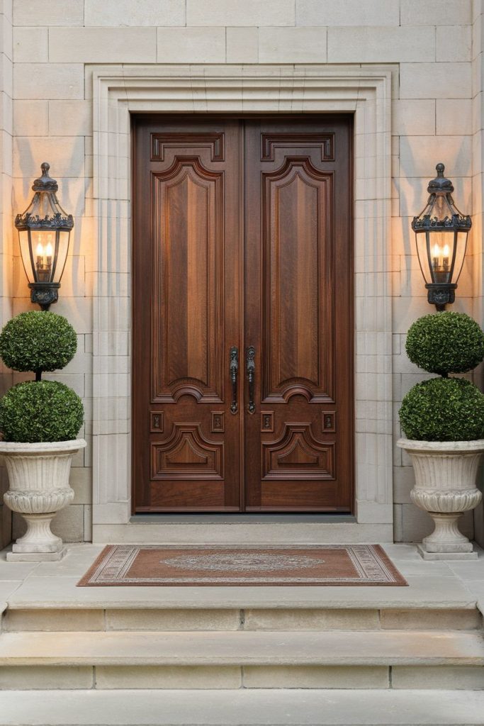 Elegant wooden double doors with intricate carvings flanked by ornate lanterns and topiaries leading to a stone entrance with a decorative doormat.