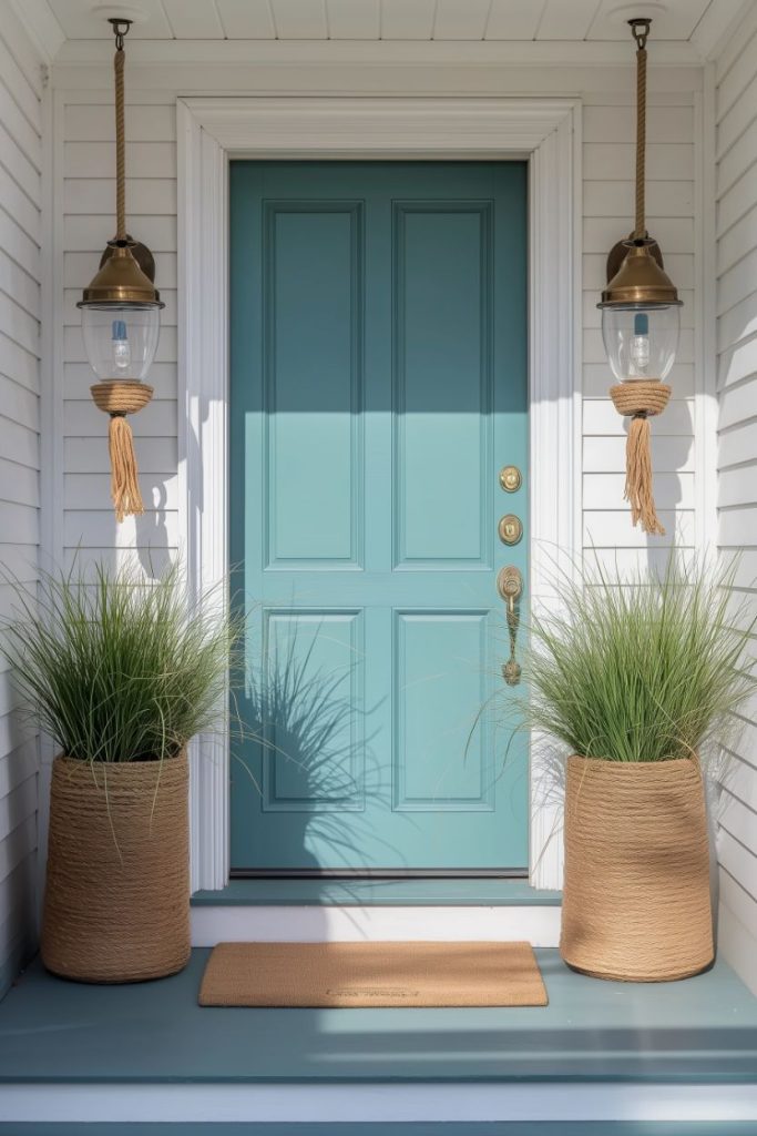 A teal front door with brass hardware is flanked by two hanging lanterns and potted grass plants on a porch with a natural fiber doormat.