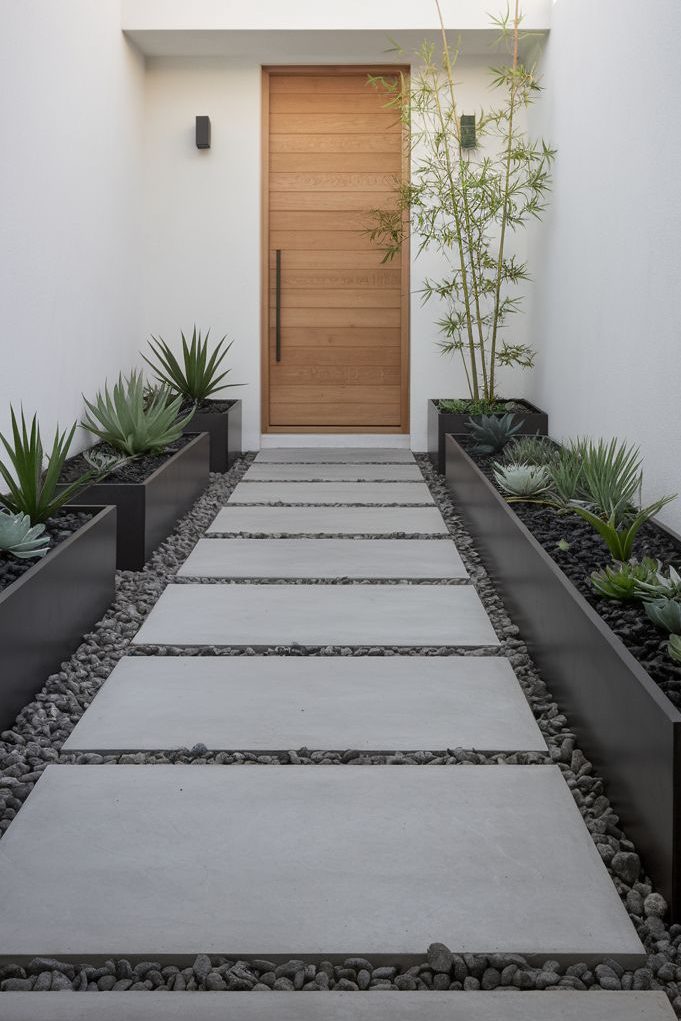 Minimalist entrance with a wooden door flanked by succulent pots and bamboo along a stone path on gray pebbles.