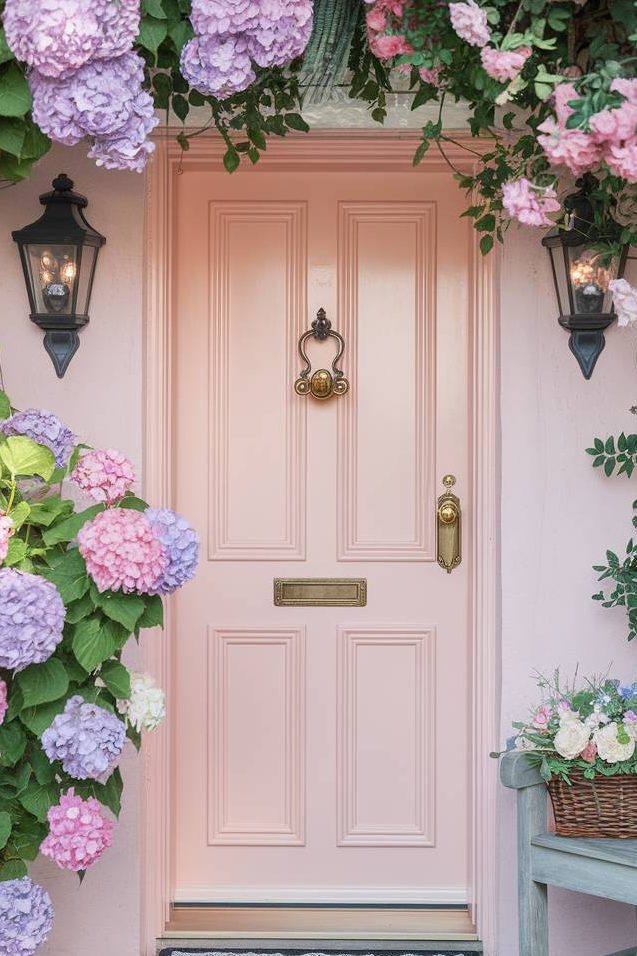 A pink door surrounded by blooming hydrangeas, with two lanterns on either side. To the right there is a bench with a basket of flowers.