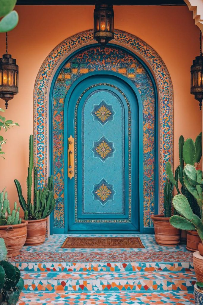 Bright blue arched door with elaborate mosaics framed by ornate tiles. Flanked by potted cacti, lanterns above and patterned, tiled steps leading up to it.