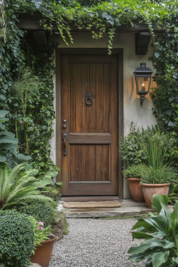 A wooden door surrounded by leafy plants, potted plants and a wall-mounted lantern.
