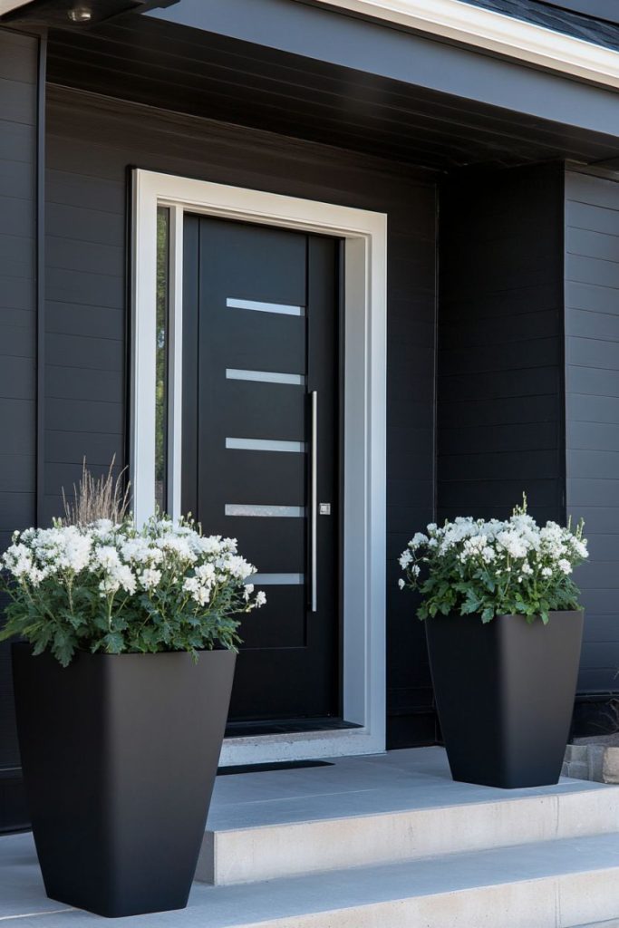 Modern black front door with horizontal frosted glass panels, framed in white. On either side of the entrance are two large black planters with white flowers.