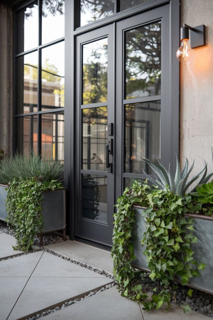 Modern glass door with black frame flanked by large potted plants. One pot contains leaf ivy and the other has tall grasses. A glowing light is mounted on the wall.