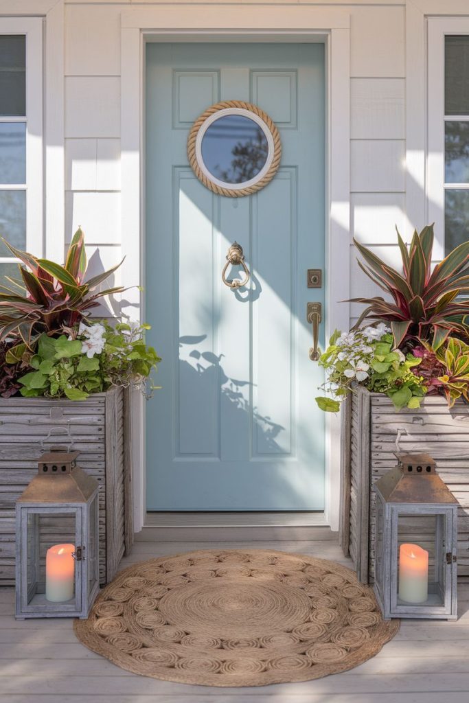 Front door with light blue paint, round mirror, brass knocker and welcome mat. Flanked by tall planters with green plants and two lanterns with candles.