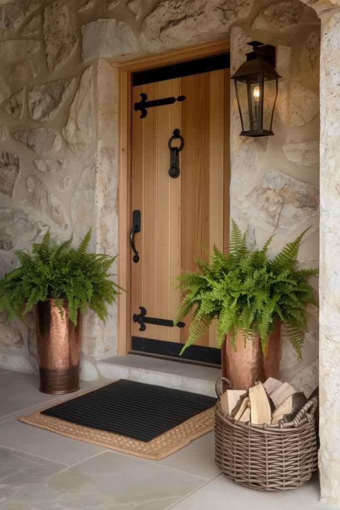 Wooden door with black iron accents flanked by two copper planters with ferns. A lantern hangs on the stone wall, and there is a basket of firewood next to a mat on the floor.