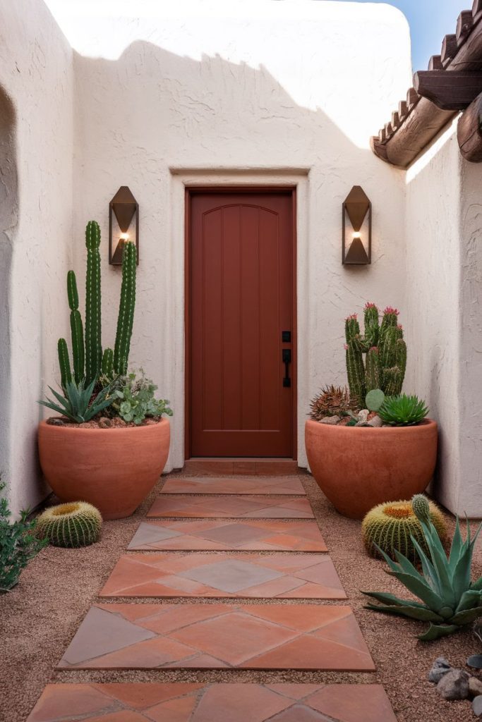 A terracotta door flanked by large potted cacti and succulents, with a tiled path leading to the entrance.