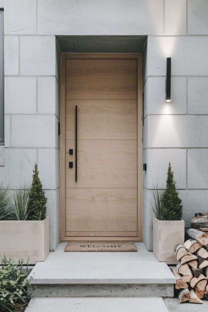 Wooden front door with long handle flanked by two potted plants. A "Welcome" Doormat lies on the stone steps. Firewood is stacked on the right.