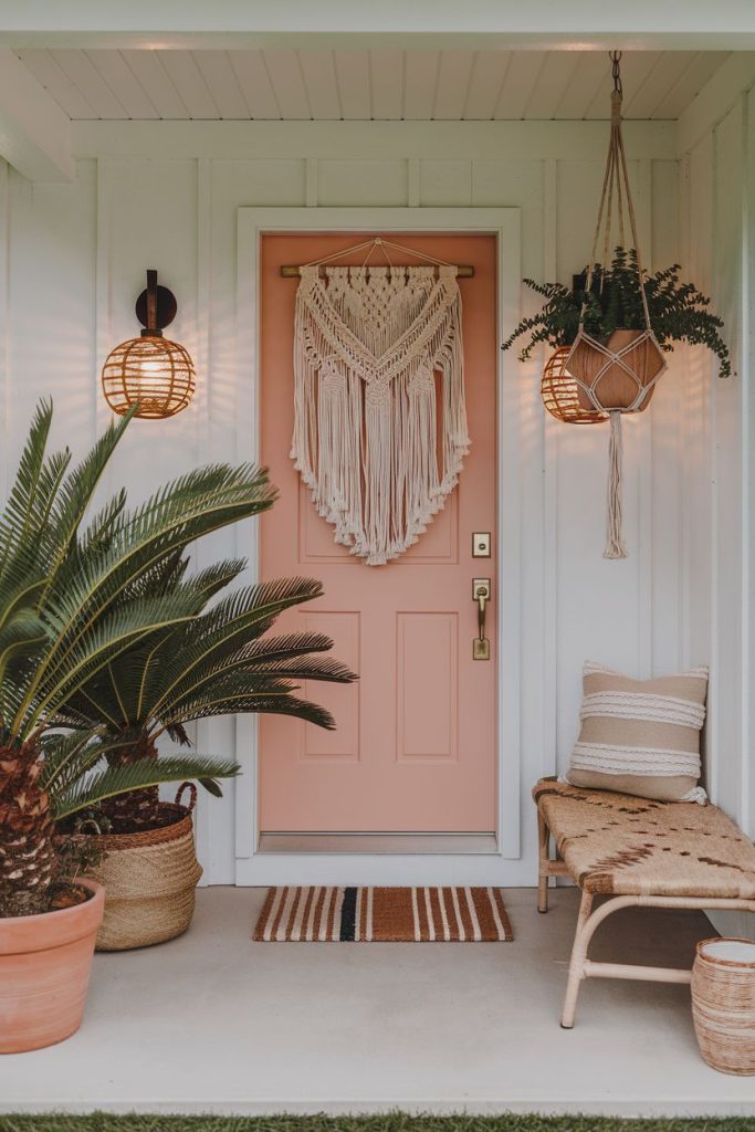 A pastel pink door with macrame hangings flanked by wall sconces. Potted plants and a wicker bench decorate the porch.
