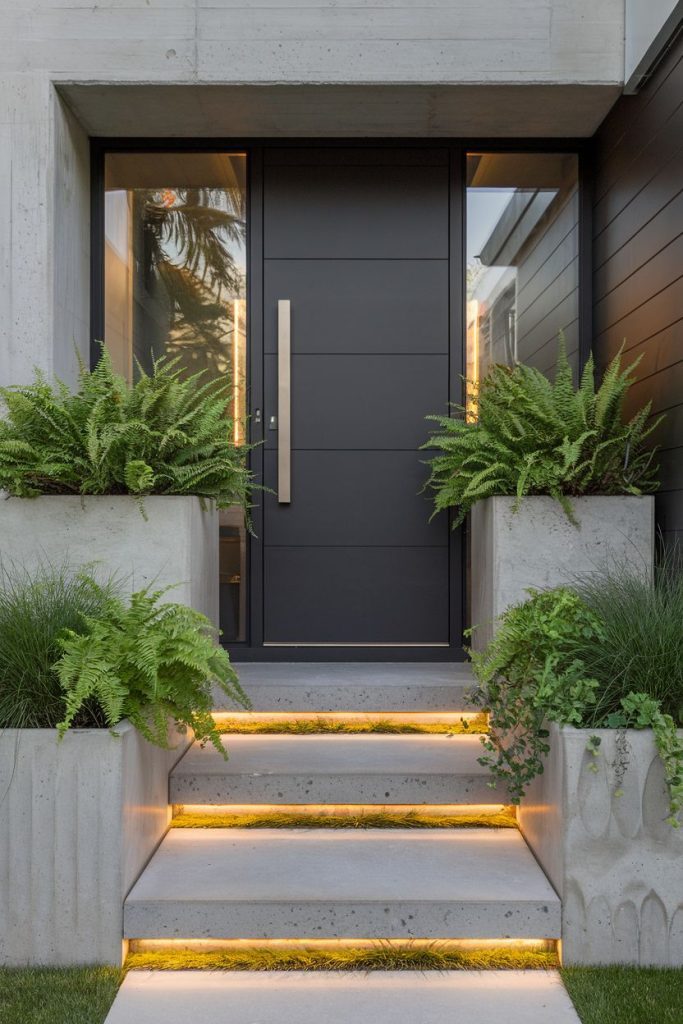 Modern entryway with black door, large glass panels and concrete planters with ferns. The steps are illuminated with elegant lighting.