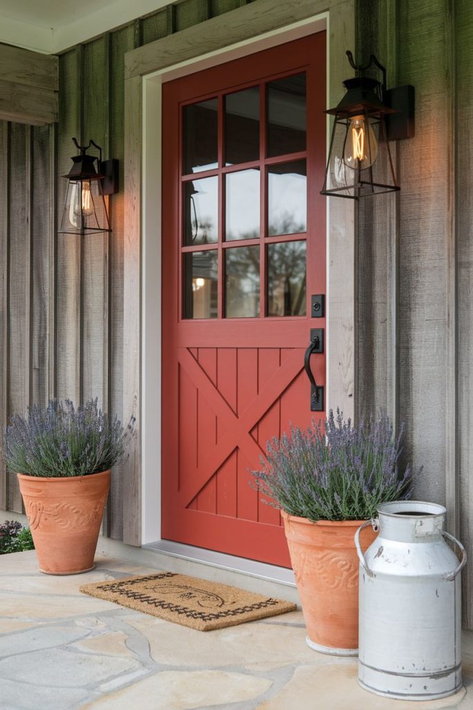 Red door with window panes, two lavender potted plants on either side, vintage style lanterns, doormat and a silver milk jug on a stone porch.