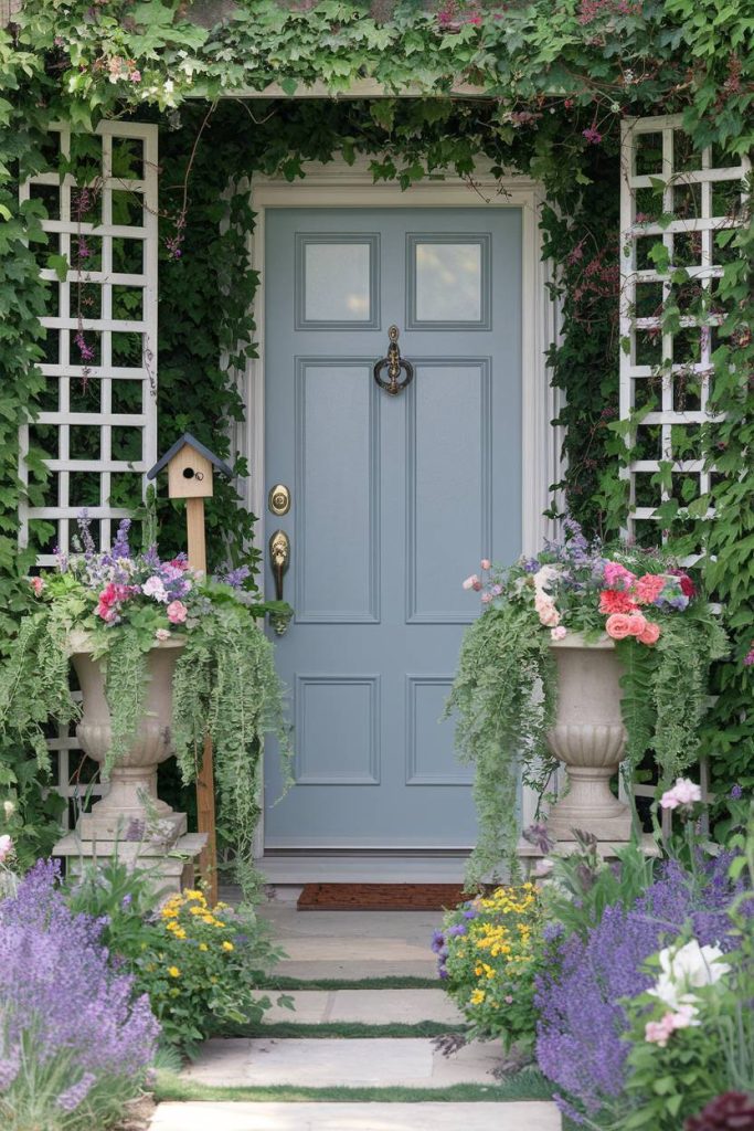 A blue door surrounded by ivy and floral arrangements, with a birdhouse to the left and two tall planters full of colorful flowers and greenery.