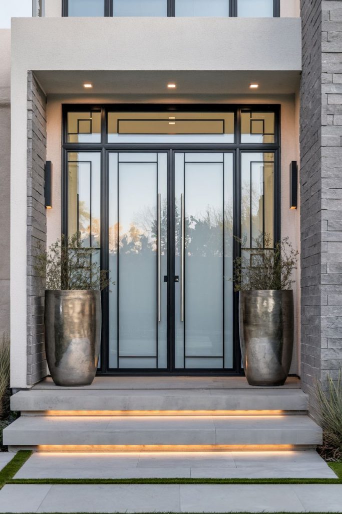 Modern front entrance with large glass doors flanked by two metal planters on illuminated concrete steps.