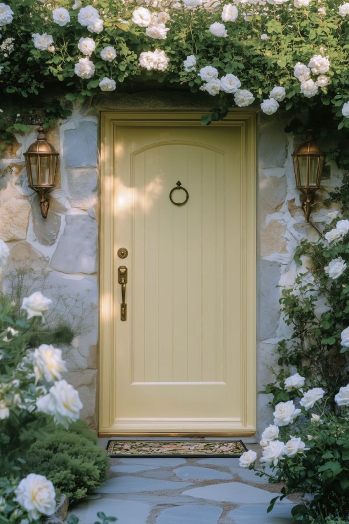 A yellow door with a knocker flanked by lanterns, set into a stone wall, surrounded by blooming white roses and greenery.