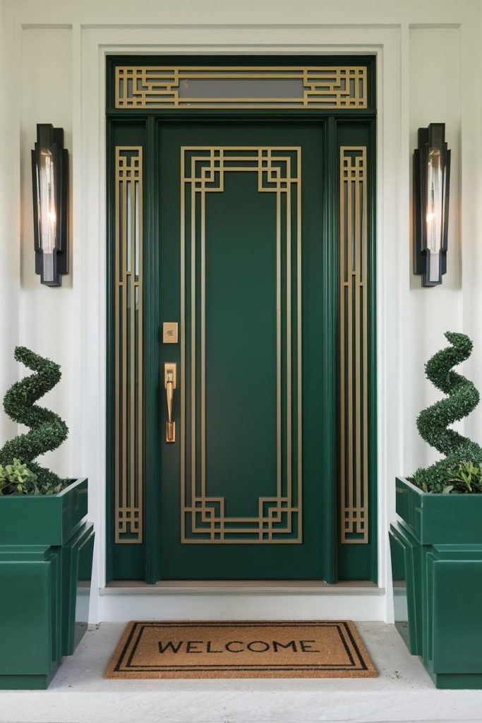 Green door with gold geometric patterns flanked by two topiary plants in matching green planters. There are two wall lights on both sides. A doormat with "Welcome" is in front.