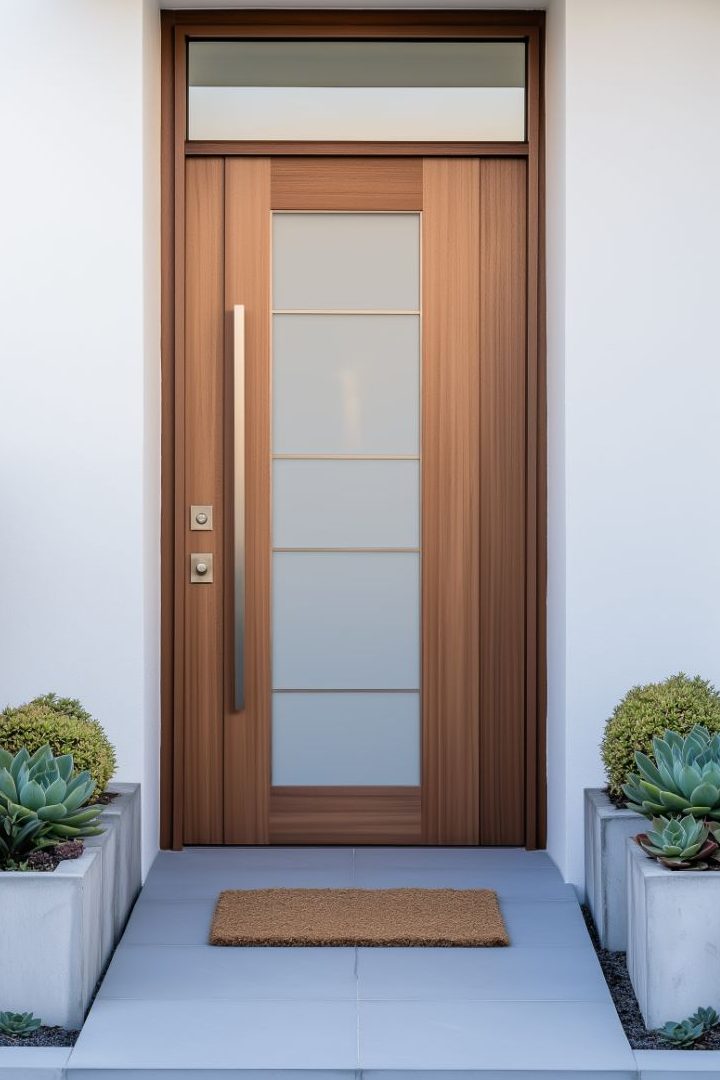 A modern wooden door with frosted glass panels surrounded by white walls and flanked by potted plants on a gray stone porch.