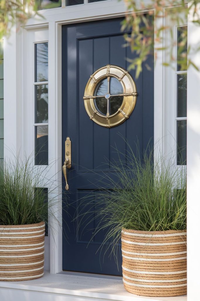 A navy front door with a round brass porthole is flanked by two large woven planters with tall grass.