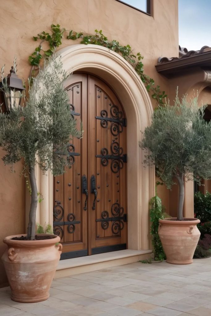 A wooden double door with ornate wrought iron details is framed by an archway. Two potted trees are placed symmetrically on either side. Ivy grows around the arch.