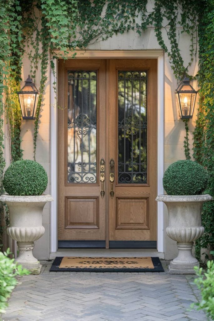 Wooden double doors with wrought iron accents flanked by two illuminated lanterns and topiary trees. Ivy-covered walls frame the entrance.