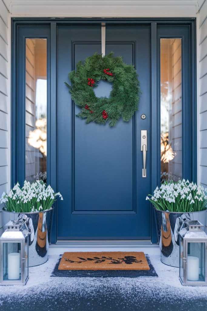Blue front door with a wreath of green leaves and red berries. Two planters with white flowers and two lanterns with candles flank the entrance. There is snow on the doorstep.