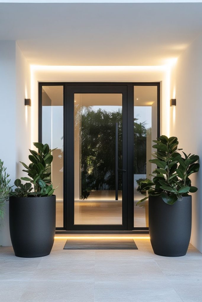 A modern entryway with a glass door framed in warm light flanked by two large potted plants on a stone tile floor.