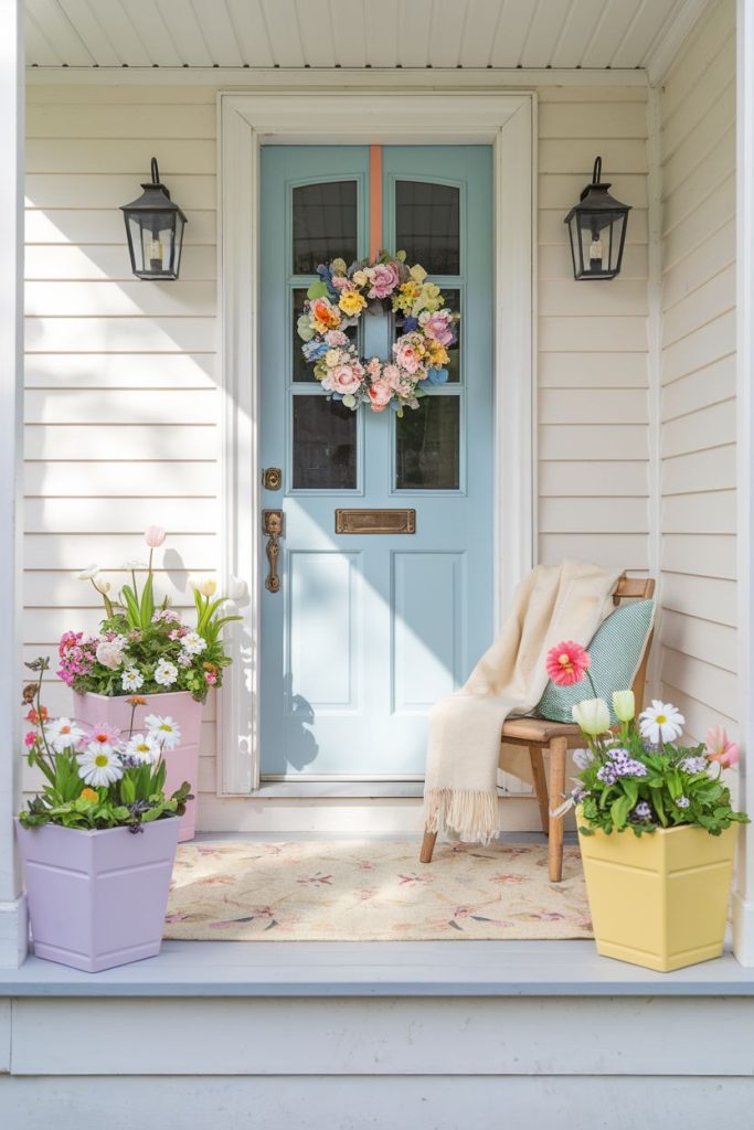 A light blue front door with a floral wreath is flanked by two black lanterns. There is a chair with a blanket next to it and there are colorful flowers in pots on the porch.