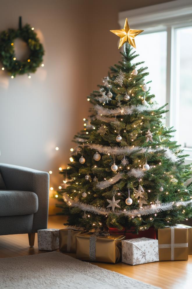 A decorated Christmas tree with white lights, ornaments and a gold star top stands next to a window. Wrapped gifts are placed underneath and a wreath hangs on the wall in the background.