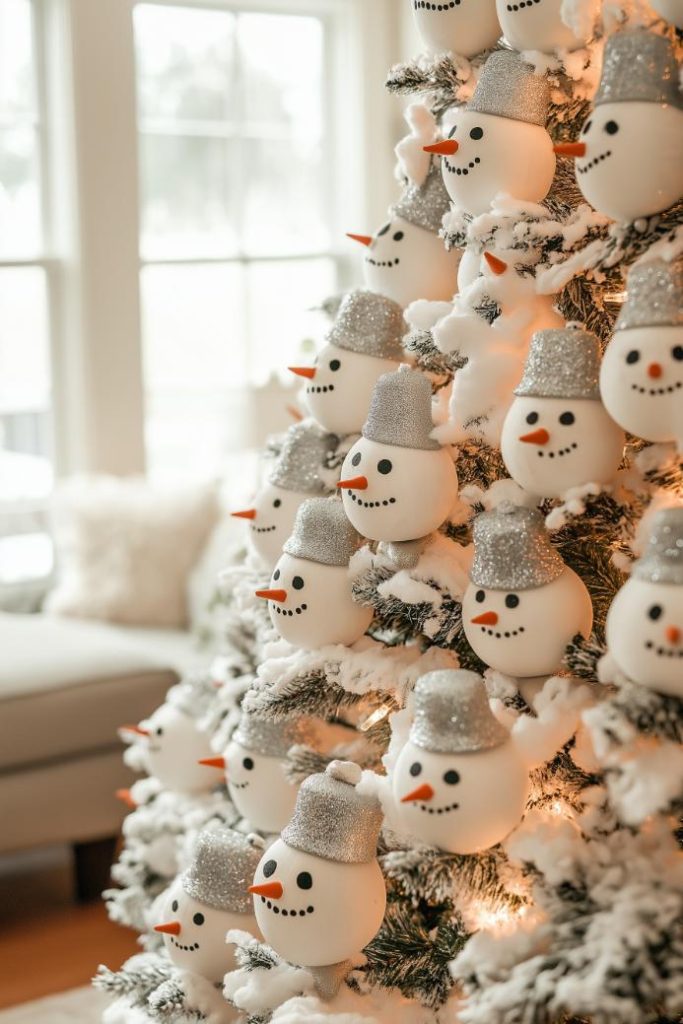 Christmas tree decorated with numerous snowman ornaments, each wearing a sparkly silver hat.